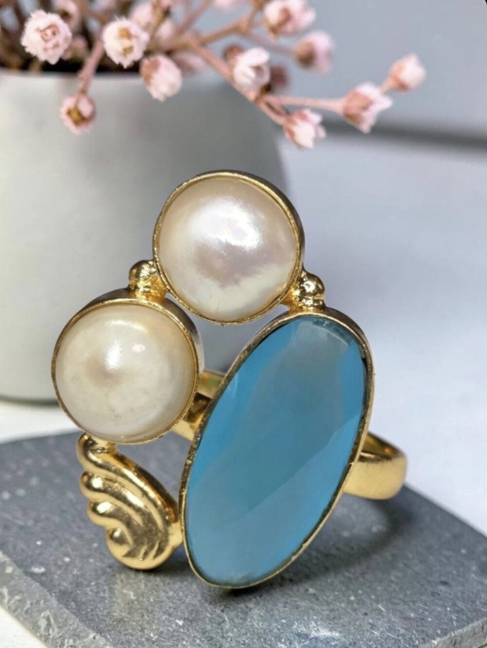 18k Gold Plated Aqua Chalcedony Quartz Crystal Freshwater Pearl Cocktail Ring